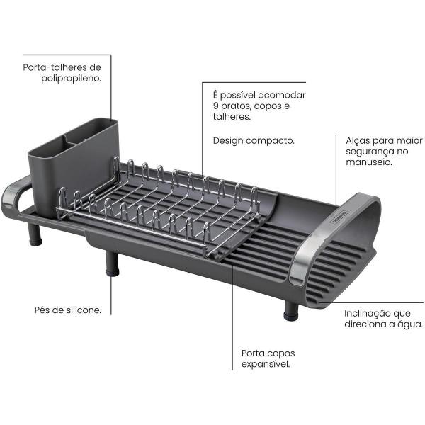 Imagem de Escorredor De Louça Tramontina Compacto Plurale Preto Inox