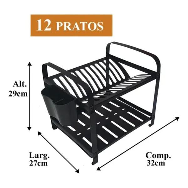 Imagem de Escorredor de Louças 12 Pratos Inox Preto com Porta Talher Mak-Inox SEC12EPT