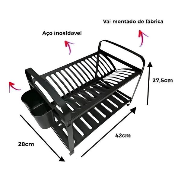 Imagem de Escorredor de Louças 16 Pratos Inox Preto com Porta Talher Mak-Inox SEC16EPT