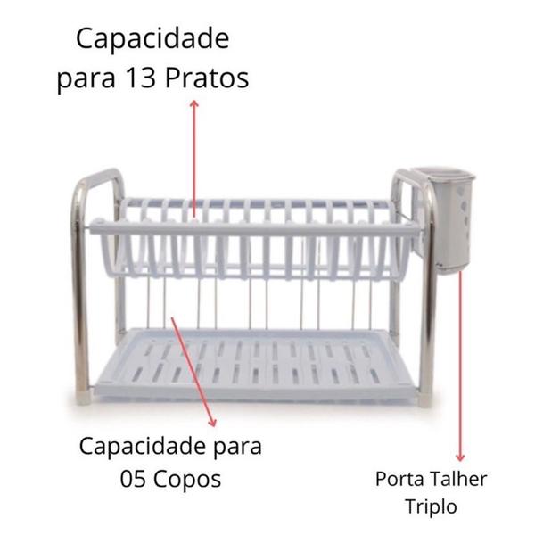 Imagem de Escorredor De Louças Branco Em Inox Duplo De Pratos E Copos Com Porta Talher