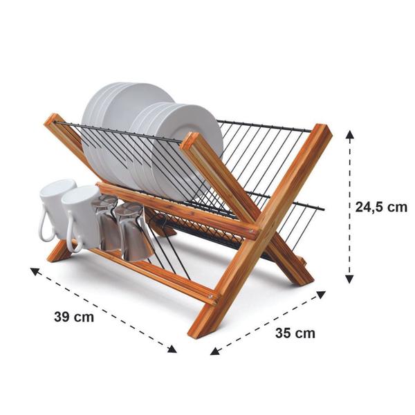 Imagem de Escorredor de Louças Dobrável em Madeira Teca Aramado Black para 15 Pratos Stolf