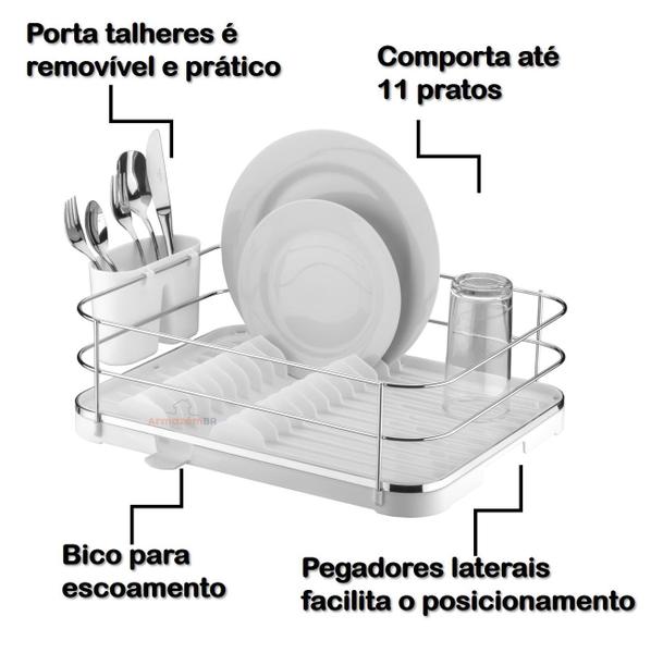 Imagem de Escorredor De Louças Para Pratos Copos Porta Talheres Bandeja Bico Fixo Pia Cozinha Cromado - 975 Future