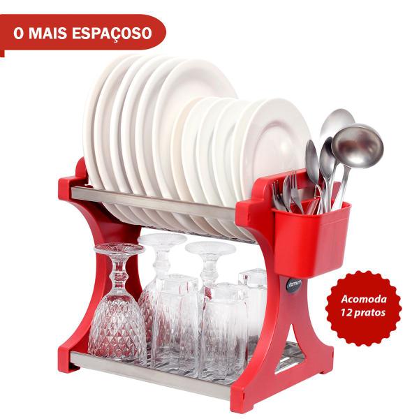 Imagem de Escorredor De Pratos Alto Vermelho Inox 12 Pratos