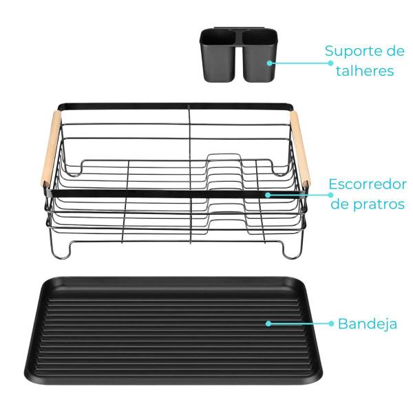 Imagem de Escorredor de pratos Louca Secador de Louça com bandeja escoamento organizador de Pia Preto