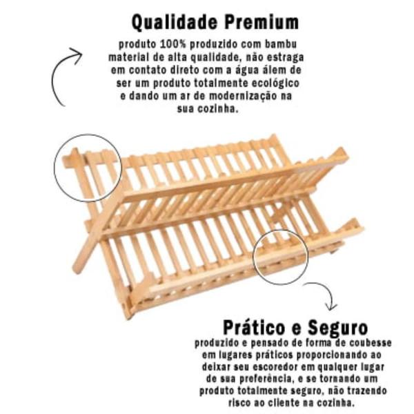 Imagem de Escorredor De Pratos Louças Copos Bambu Dobrável Bamboo Natural Pia Secador Porta Talheres Xícaras Madeira Compacto