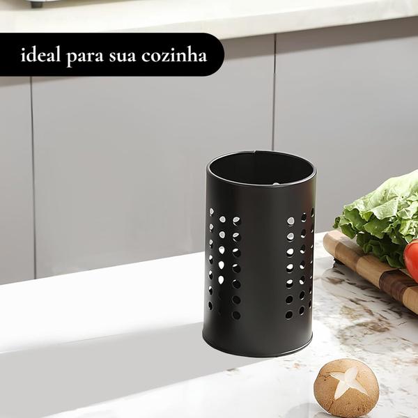 Imagem de Escorredor de Talheres Grande em Inox Preto e Prata Redondo Porta Talheres