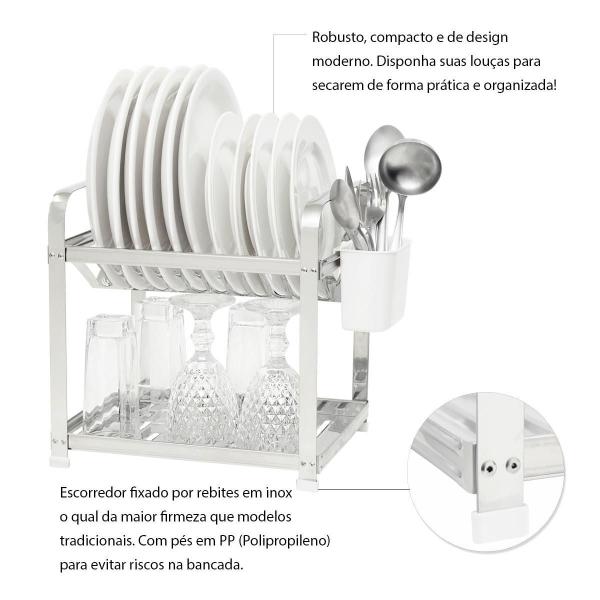 Imagem de Escorredor Inox 12 Pratos Montado Com Porta Talheres