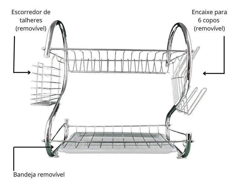 Imagem de Escorredor Louça Cromado Com Bandeja Coletora E Porta Talher