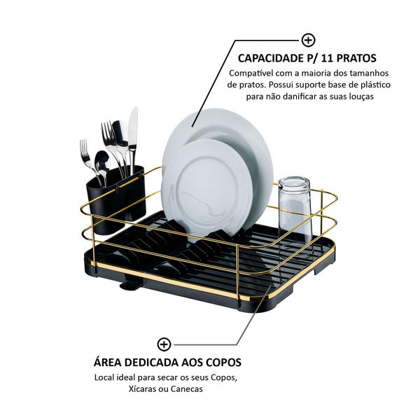 Imagem de Escorredor Louças Pratos Pia Cozinha Plástico Aço Dourado
