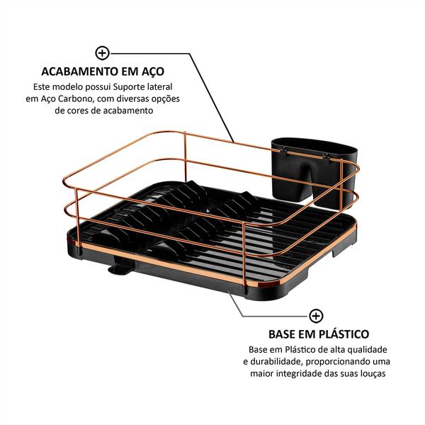 Imagem de Escorredor Louças Pratos Pia Cozinha Plástico Aço Rosé Gold