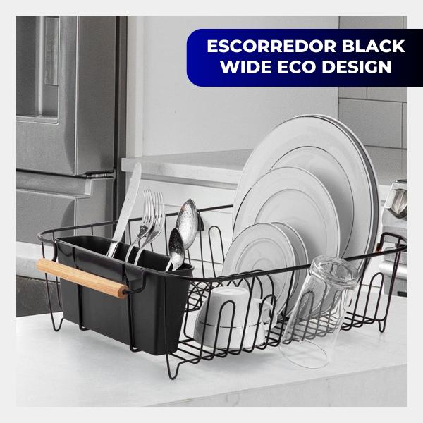 Imagem de Escorredor Organizador de Louças Aramado Pia 15 Pratos Cozinha com Porta Talher e Porta Copos Wide Black Eco Design Preto Arthi