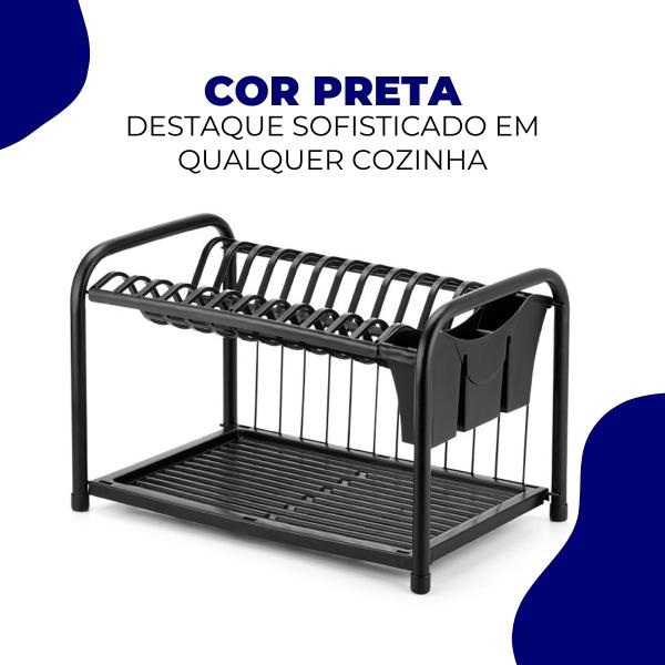 Imagem de Escorredor Organizador Louça Pia Cozinha Bancada Duplo Pratos Talheres Copos Compacto Preto Arthi