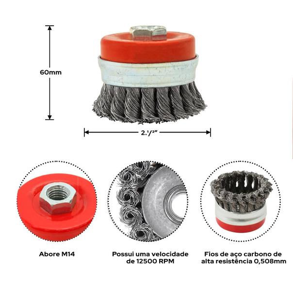 Imagem de Escova copo aço carbono trançada 2.1/2 pol. 63,5mm m14 ômega