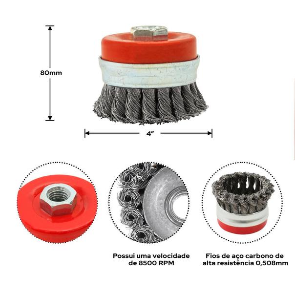 Imagem de Escova copo aço carbono trançada 4 pol. 100mm m14 ômega