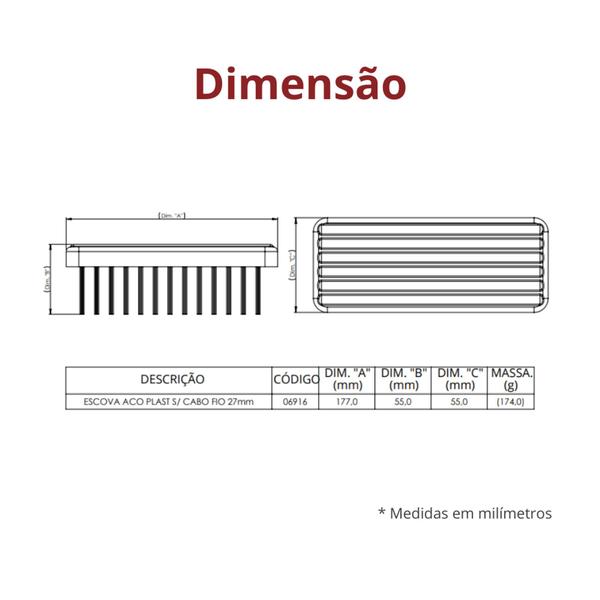 Imagem de Escova De Aço Plástica Sem Cabo Econômica De Dimensão 17,7 x 5,5 cm E 5 Fileiras De Fio 2,7 cm