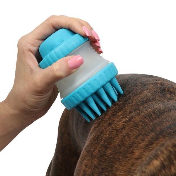 Imagem de Escova De Banho Pets Massagem Silicone Reservatório Shampoo