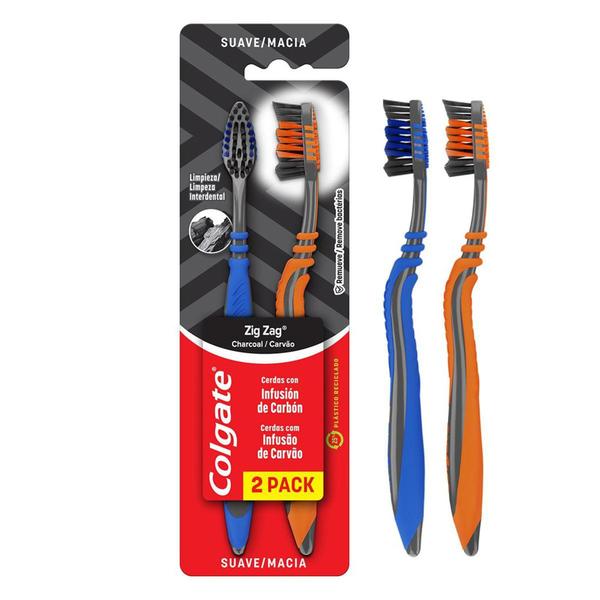 Imagem de Escova de Dentes Colgate Zig Zag Carvão Suave / Macia c/ 2 Unidades (Azul e Laranja)