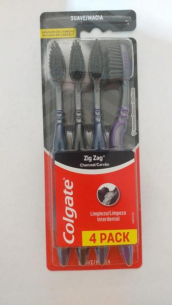 Imagem de Escova de Dentes Colgate Zig Zag Carvão Suave/Macia  c/4 un (1 Preta 2 Azuis 1 Roxa)