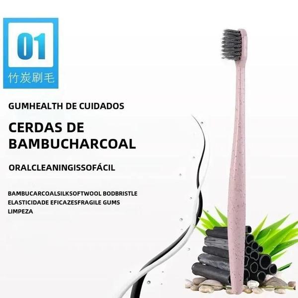 Imagem de Escova de Dentes de Carvão de Bambu - 10 Unidades - Macia, Unissex, com Alça de Palha de Trigo