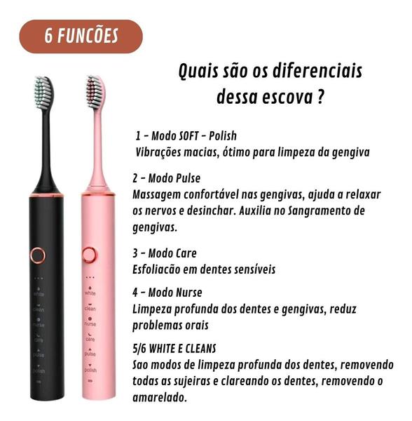 Imagem de Escova De Dentes Elétrica Premium Recarregável Usb 6 Funcões Com 2 Refil Ultra Sônica