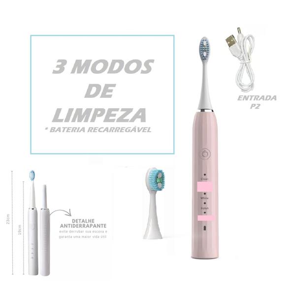 Imagem de Escova de Dentes Elétrica Recarregável USB 3 Modos de Limpeza com Refil