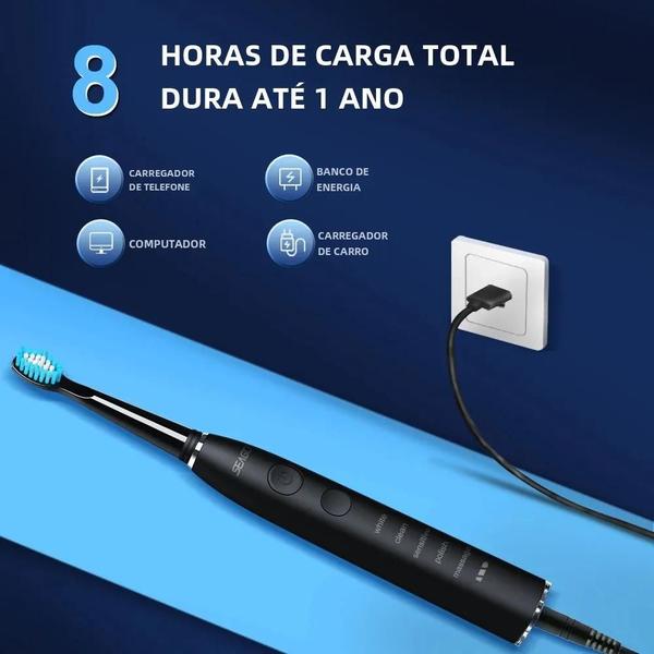 Imagem de Escova de Dentes Sônica Elétrica Recarregável - 360 Dias de Bateria - USB