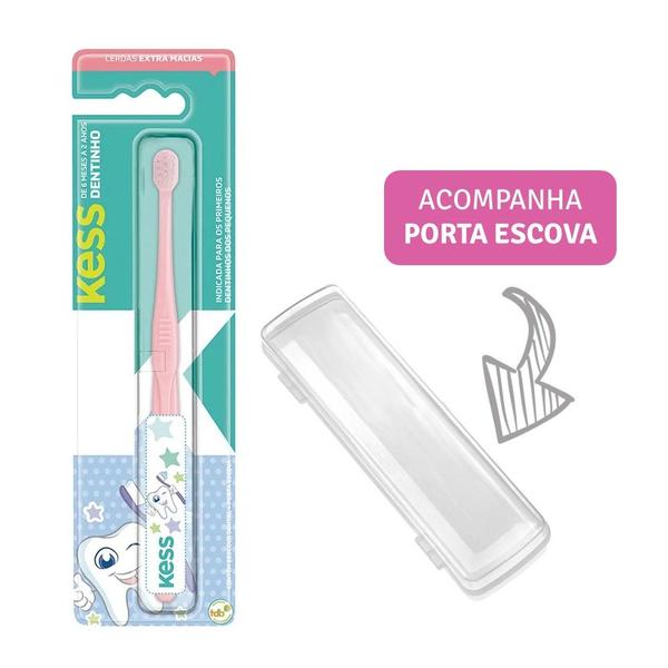 Imagem de Escova Dental Infantil Bebê 6 a 24 meses Kess Dentinho Cerdas Extra Macia Rosa Azul