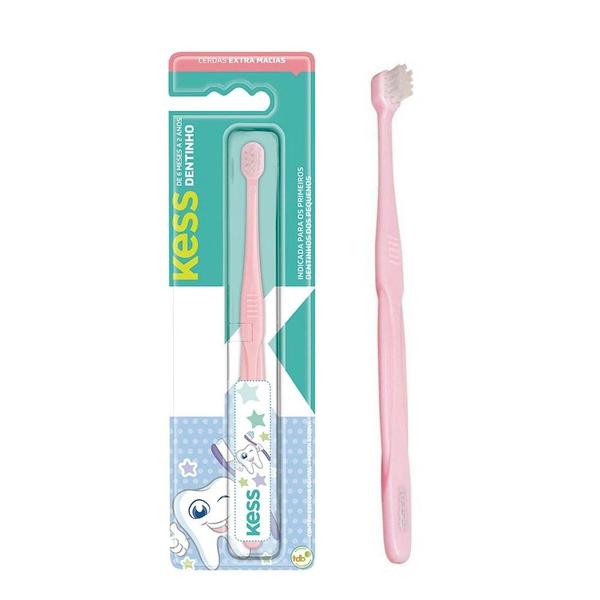 Imagem de Escova Dental Infantil Bebê 6 a 24 meses Kess Dentinho Cerdas Extra Macia Rosa Azul