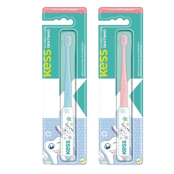 Imagem de Escova Dental Infantil Bebê 6 a 24 meses Kess Dentinho Cerdas Extra Macia Rosa Azul