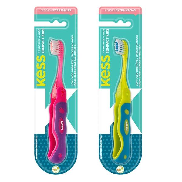 Escova Dental Infantil Kess Compact Kids Rosa e Verde Imagem de Escova Dental Infantil Kess Compact Kids Rosa e Verde