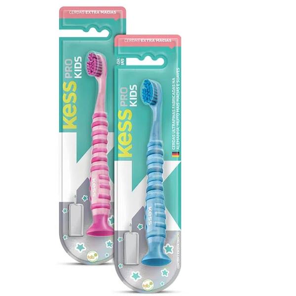 Imagem de Escova Dental Infantil Pro Kids Com Ventosa Kess Rosa e Azul