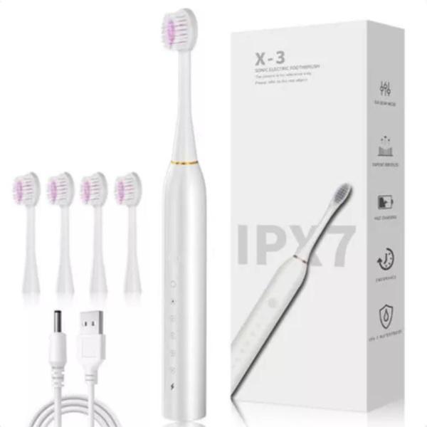Escova Dental Oral Elétrica, 3 Escovas Extra, Recarregável - Mrsementes Escova Dental Oral Elétrica, 3 Escovas Extra, Recarregável - Mrsementes