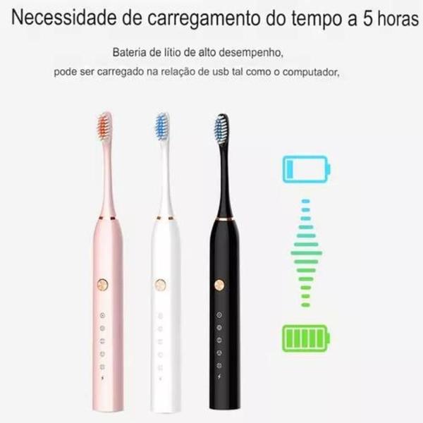 Imagem de Escova Dental Oral Elétrica Com 4 Cabeças Ultra-Sônica Recarregável Carregamento USB Automática 6 Funções Cor Branco