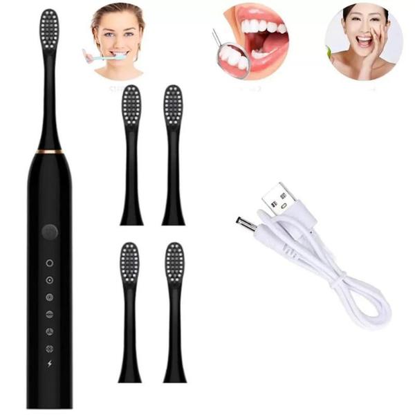 Imagem de Escova Dental Portátil Oral Elétrica Cabo USB Recarregável Cerdas Suave 6 Modos de Escovação 3 Refil Cor Preta