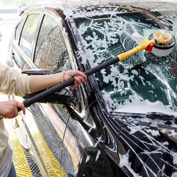 Imagem de Escova Giratória Lavagem Pesada Carro Vidro Dispenser Para Sabão Cerdas Microfibra - Tomate