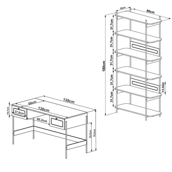 Imagem de Escrivaninha 2 Gavetas e Estante Tela Sintética Pés em Metal