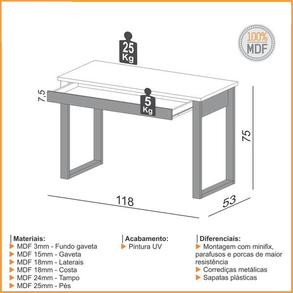 Imagem de Escrivaninha Cleveland 1 Gaveta cor Freijo com Preto Fosco 118 cm - 62328