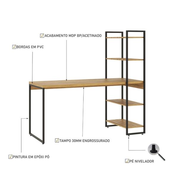 Imagem de Escrivaninha com Estante Alta Estilo Industrial 150cm com 04 Prateleiras Dynamica Yescasa