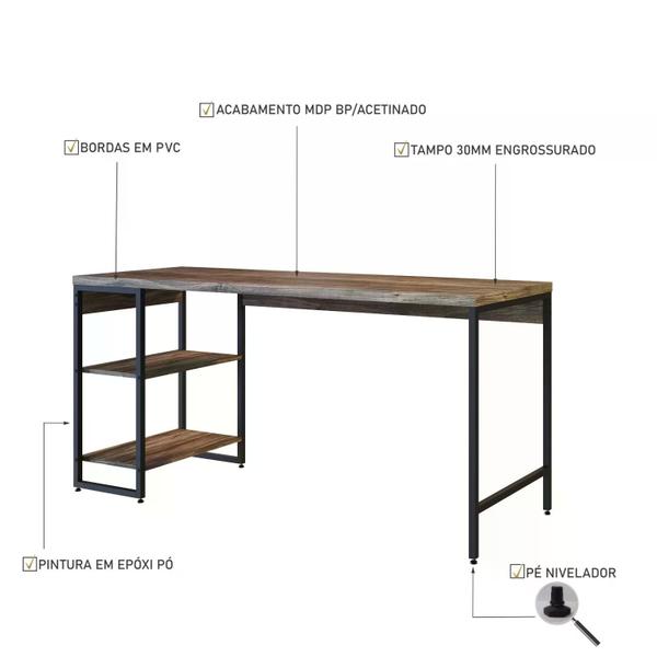 Imagem de Escrivaninha com Estante Industrial com 2 Nichos - Carvalho Dark/Preto