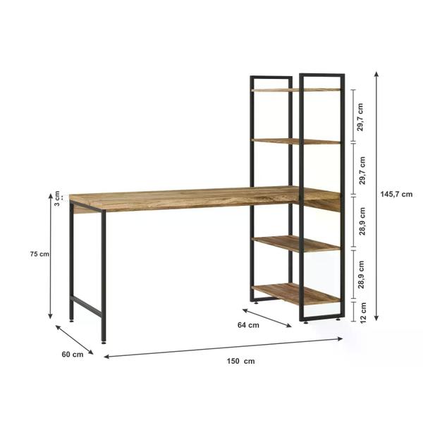 Imagem de Escrivaninha com Estante Industrial com 4 Prateleiras - Carvalho/Preto