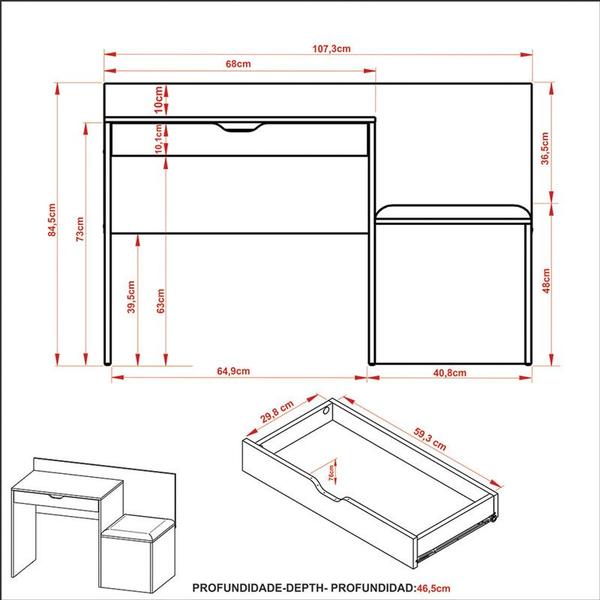 Imagem de Escrivaninha Com Puff 1 Gaveta 107,3x84,5x46,5 cm Branco