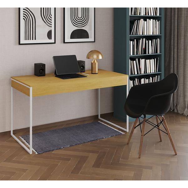 Imagem de Escrivaninha Home Office Estilo Industrial Malta Canela 137x53cm Ferro Branco com 1 Poltrona Preta E