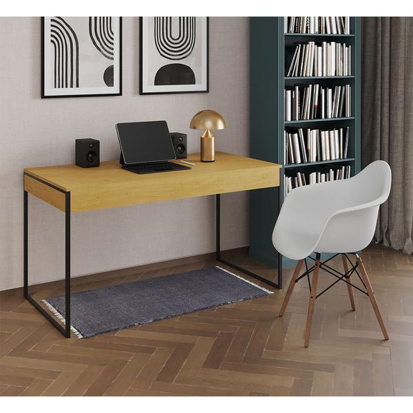 Imagem de Escrivaninha Home Office Estilo Industrial Malta Canela 137x53cm Ferro Preto com 1 Poltrona Branca E