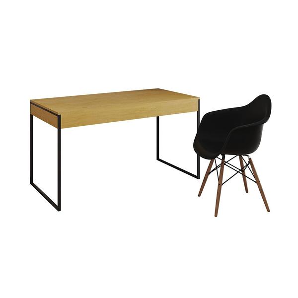 Imagem de Escrivaninha Home Office Estilo Industrial Malta Canela 137x53cm Ferro Preto com 1 Poltrona Preta Ea