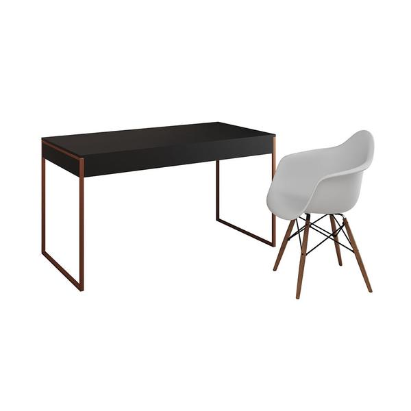 Imagem de Escrivaninha Home Office Estilo Industrial Malta Preta 137x53cm Base Cobre com 1 Poltrona Branca Eam