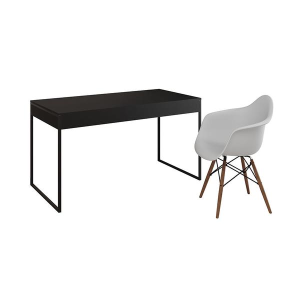 Imagem de Escrivaninha Home Office Estilo Industrial Malta Preta 137x53cm Ferro Preto com 1 Poltrona Branca Ea