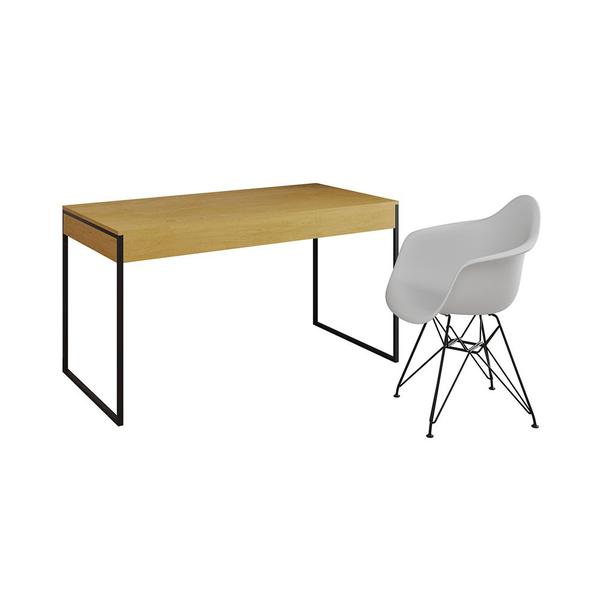 Imagem de Escrivaninha Industrial Office Estudo Malta Canela 137x53cm com 1 Poltrona Branca Eames Eiffel Base 