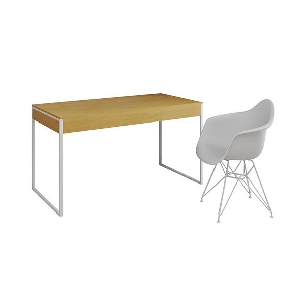 Imagem de Escrivaninha Industrial Office Estudo Malta Canela 137x53cm com 1 Poltrona Branca Eames Eiffel Base 