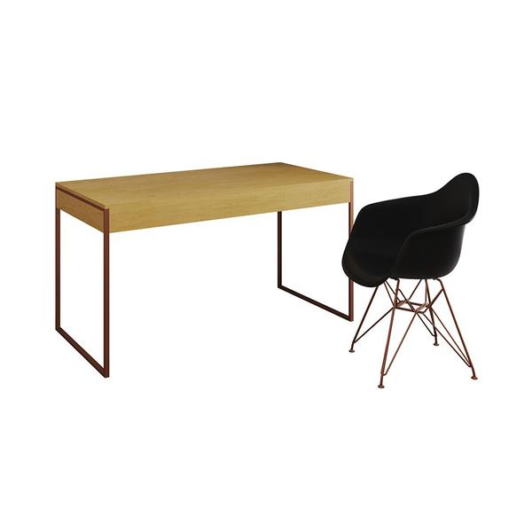 Imagem de Escrivaninha Industrial Office Estudo Malta Canela 137x53cm com 1 Poltrona Preta Eames Eiffel Base C