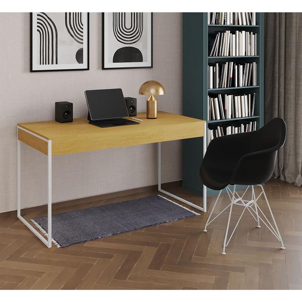 Imagem de Escrivaninha Industrial Office Estudo Malta Canela 137x53cm com 1 Poltrona Preta Eames Eiffel Base F